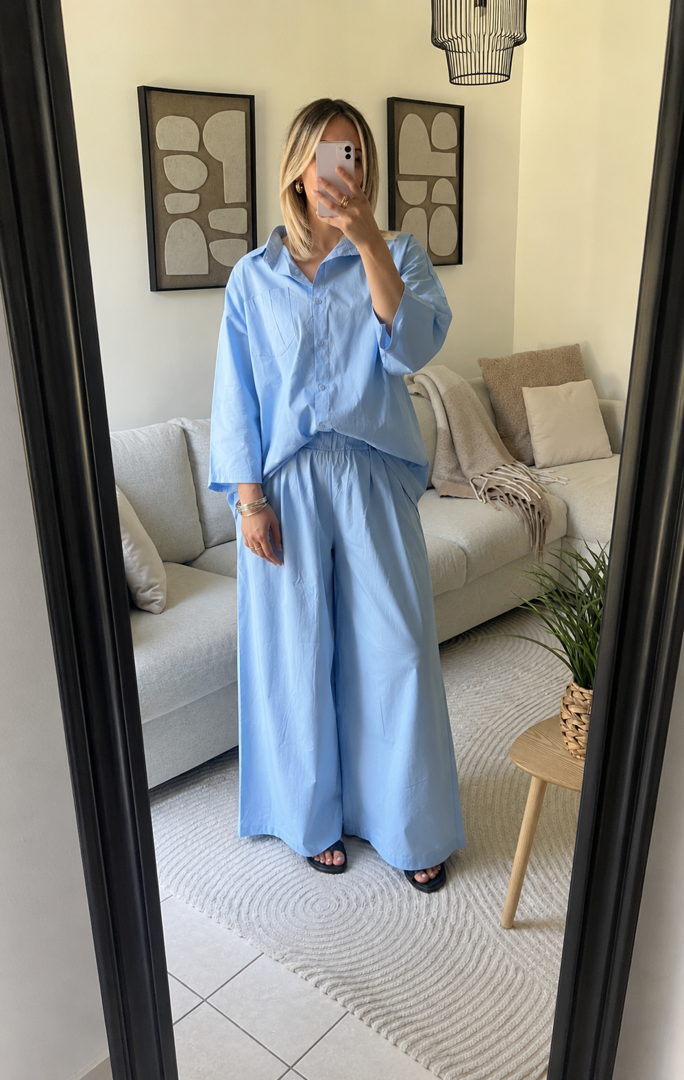 Ensemble chemise pantalon oversize bleu en coton