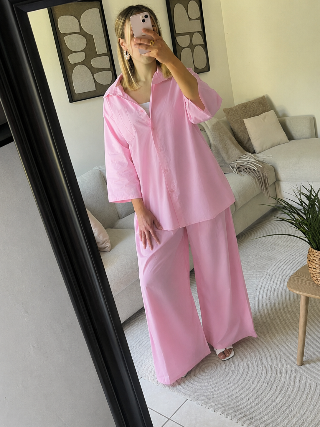 Ensemble chemise pantalon oversize rose en coton