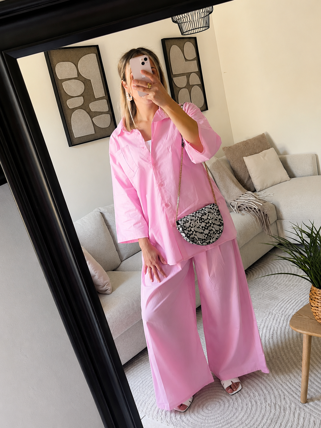 Ensemble chemise pantalon oversize rose en coton