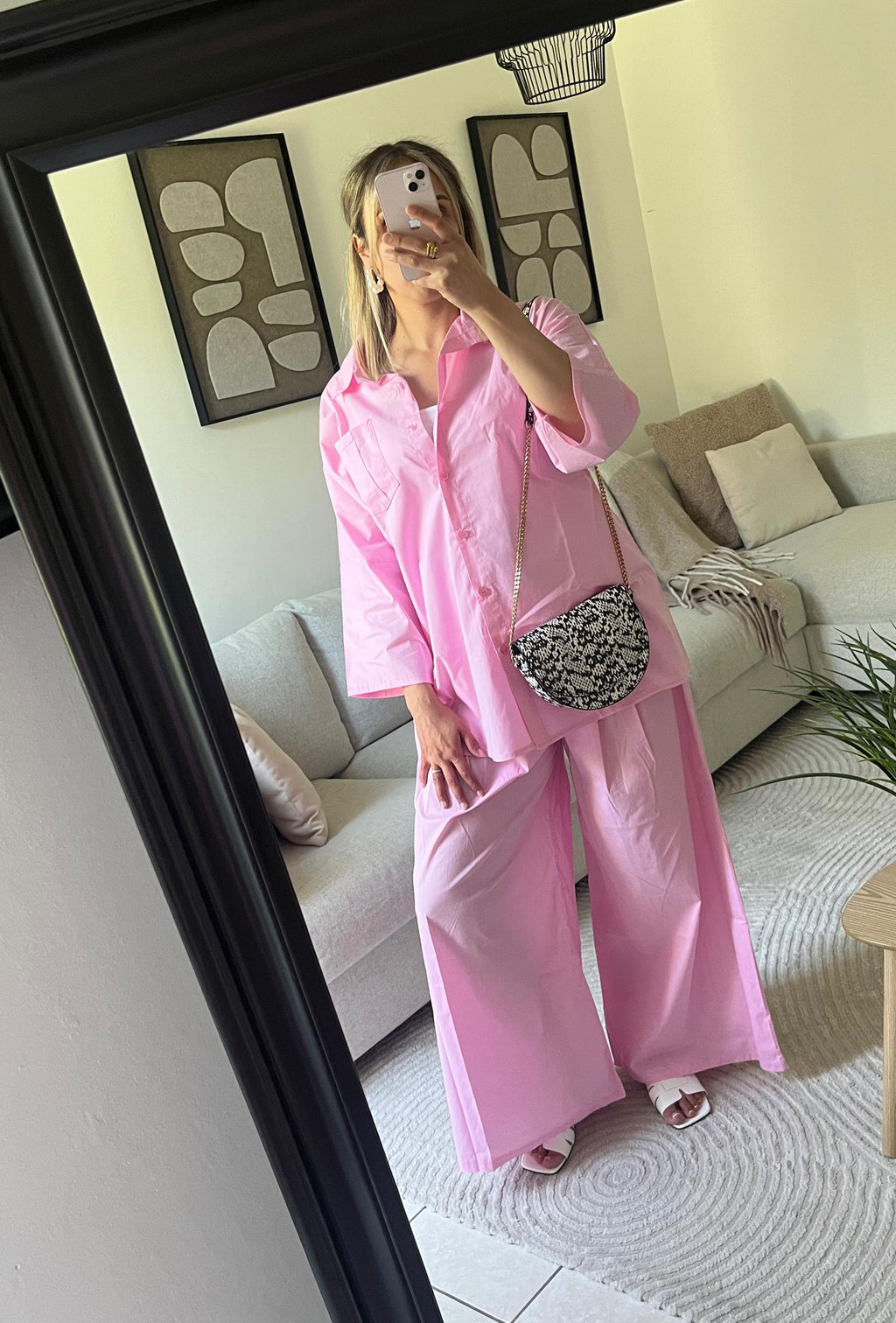 Ensemble chemise pantalon oversize rose en coton