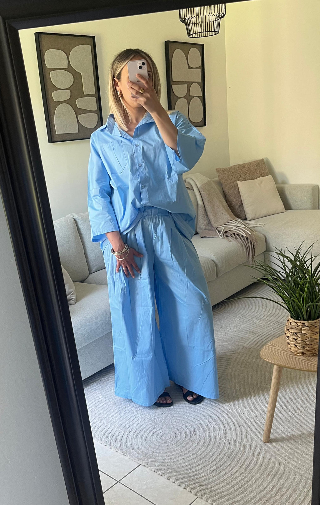 Ensemble chemise pantalon oversize bleu en coton