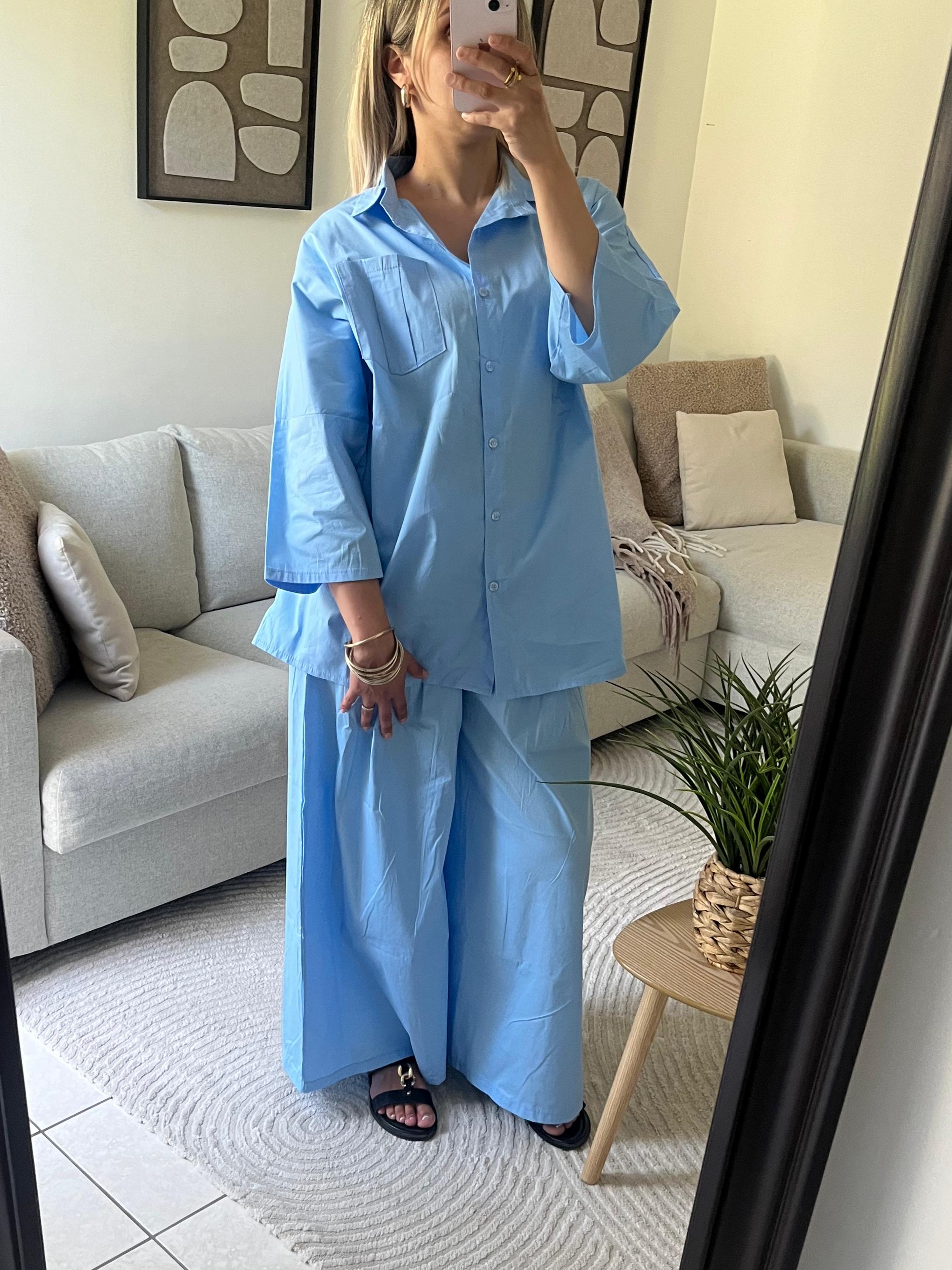 Ensemble chemise pantalon oversize bleu en coton