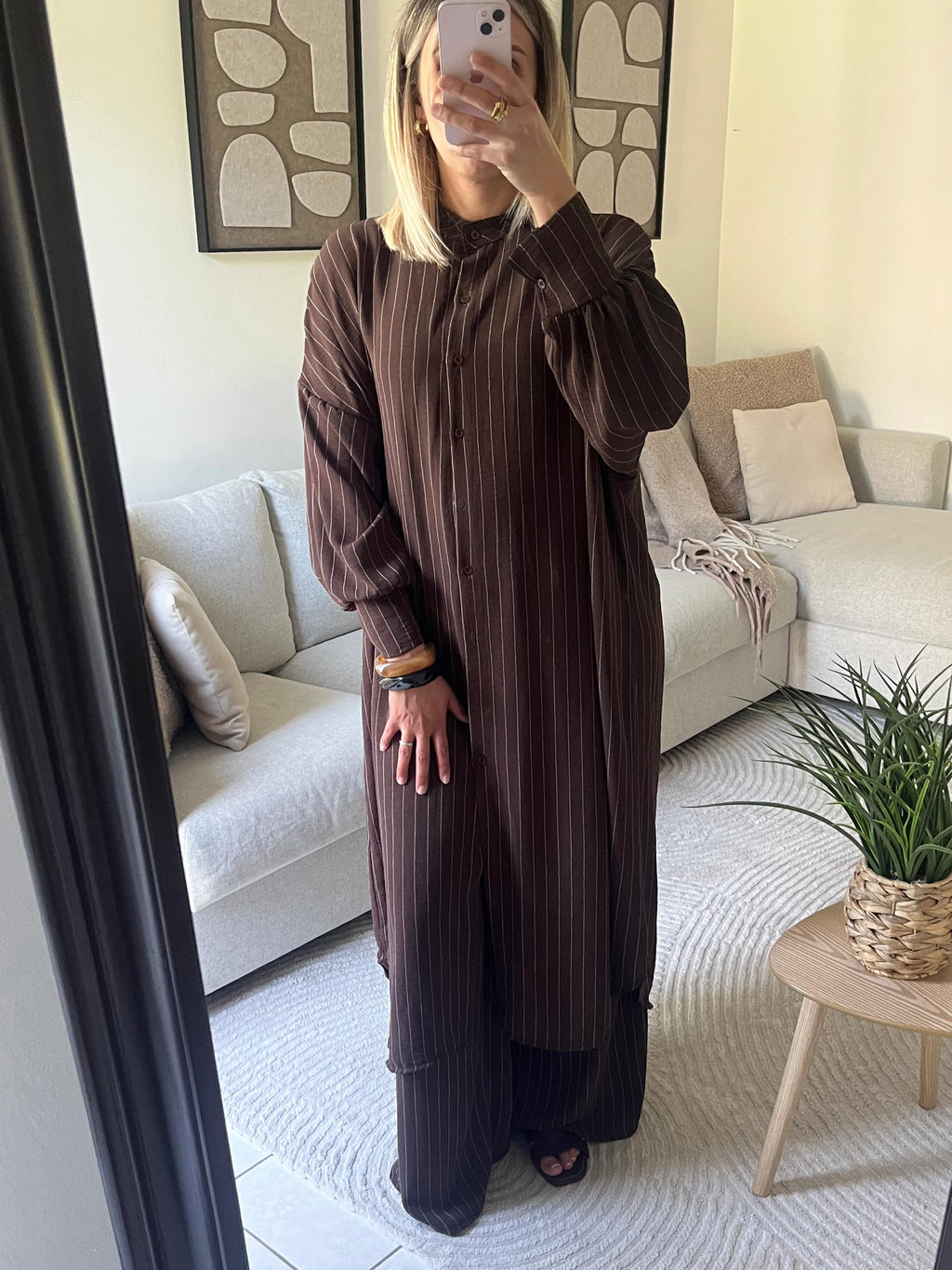 Ensemble Chemise longue et Pantalon Large marron