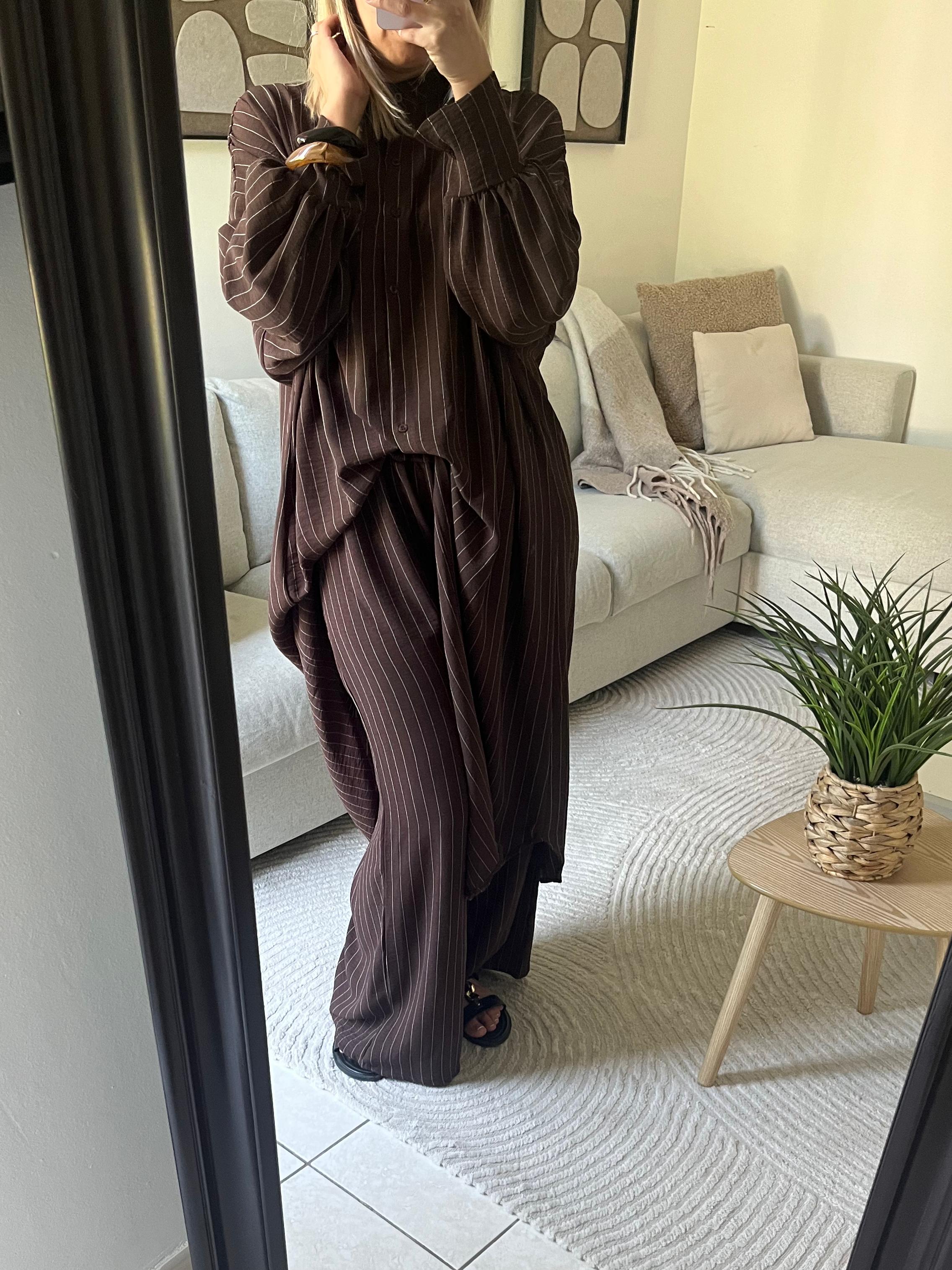 Ensemble Chemise longue et Pantalon Large marron